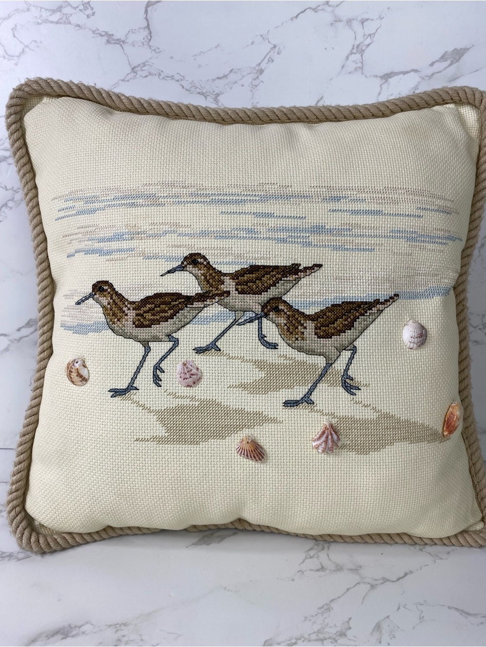Embroidered Shorebirds Decorative Pillow in Cream and Tan